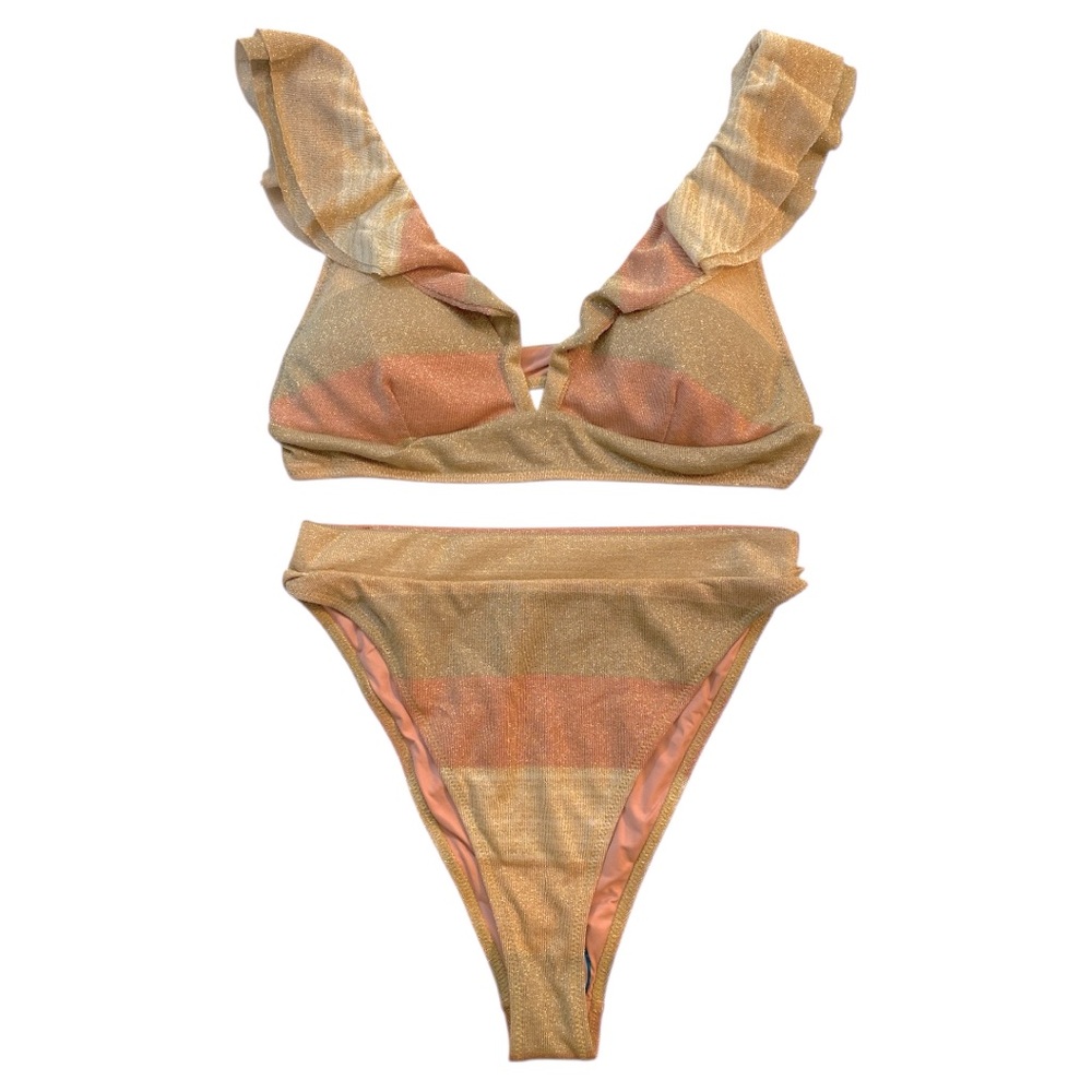 NEW Metallic Striped Bikini Size XL Ruffle Straps Warm Tones High Leg Coquette